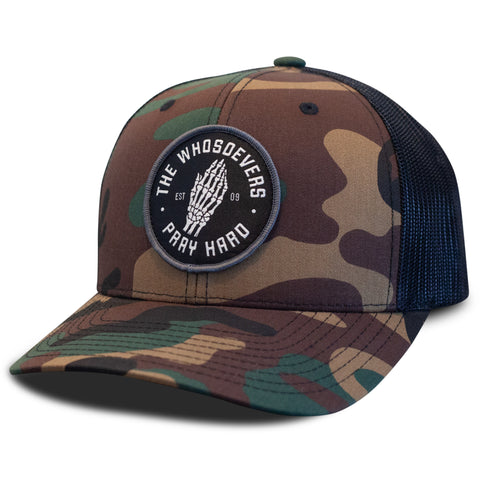 PRAY HARD CURVED TRUCKER HAT | CAMO
